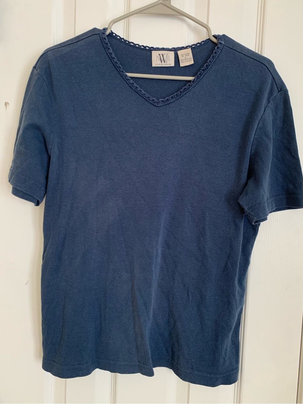 Women’s Blue crocheted High V-neck Short Sleeve Thick Cotton Tee Shirt